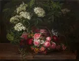 Johan Laurentz Jensen, Basket with Roses, Pink Carnations, Lilacs, and Fuschia Surrounded by Elder Branches (Kurv med roser, fuchsia og nelliker omgivet af hyldegrene), oil on canvas