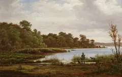 Johan Peter Raadsig, Hunter with His Hounds by the Edge of a Lake, Presumably Skjoldenæsholm (Joeger med sine hunde ved bredden af en sø, måske Skjoldenoesholm), 1881, oil on canvas