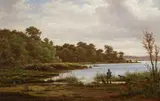Johan Peter Raadsig, Hunter with His Hounds by the Edge of a Lake, Presumably Skjoldenæsholm (Joeger med sine hunde ved bredden af en sø, måske Skjoldenoesholm), 1881, oil on canvas