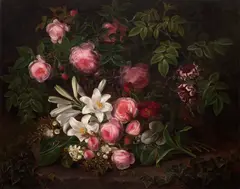 Johan Laurentz Jensen, Pink Roses, White Lilacs, Honeysuckle, and Ivy Branches (Hvide liljer, lyserøde roser, kaprifolier og efeuranker), oil on canvas