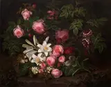 Johan Laurentz Jensen, Pink Roses, White Lilacs, Honeysuckle, and Ivy Branches (Hvide liljer, lyserøde roser, kaprifolier og efeuranker), oil on canvas