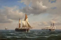 Anton Melbye, Sailing Ships and Steamship (Marine med flere sejlskibe og en damper), 1864, oil on canvas