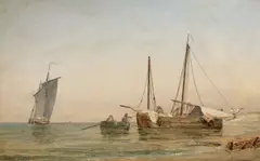 Anton Melbye, Fishing Boat Reefing Its Sails (Marine med fiskekutter der reber sejlene), oil on paper laid down on panel