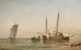 Anton Melbye, Fishing Boat Reefing Its Sails (Marine med fiskekutter der reber sejlene), oil on paper laid down on panel