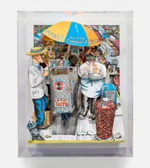 Red Grooms, Hot Dog Vendor (K. 142), 1994, Three-dimensional lithograph and linocut in colors with aluminum foil Chine collé and cut-outs, on Rives BFK paper, glued and mounted in a Plexiglas case (as issued)