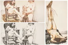 Philip Pearlstein, Two Female Models on Rocker and Stool / Color; Two Female Models on Rocker and Stool / B&W; and Female Nude with Legs Up / Color (F. 36, 37 & 39), 1975 & 1976, Three lithographs, two in colors, on wove paper, the full sheets