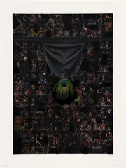 Nari Ward, Courtship Replay, 2017, Offset lithograph and screenprint in colors with peacock feather collage, on wove paper, with full margins