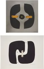 Conrad Marca-Relli, Multiple C; and Untitled No. 7, 1969, Mixed media, on aluminum with canvas and metal grommets and a collage, with black and cream wove papers with canvas