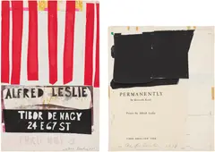 Alfred Leslie, Untitled (Poster for Tibor de Nagy); and Untitled (Permanently), 1957 & 1958, Two screenprints in colors, one with collage of wove paper and staples, on wove paper, the full sheets
