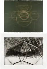 Bruce Nauman, Untitled (Green); and Untitled (C. pp. 317 & 318, C. 8 & 10), 1971 & 1972, One lithograph in colors, on wove paper, the full sheet, and one drypoint, on Rives BFK paper, with full margins
