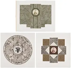 In Memory of F.G. Hough no.'s 1 - 3 by Llyn Foulkes, 1974, The complete set of three lithographs with hand-painted appliqué, two in colors, on wove paper, with full margins, offered Feb 2026