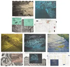 Dennis Oppenheim, Ground Based Shape Collections; Tar Wells; Tank Skid; Star Field - Western United States; and Two Ways to Skin a Cat, 1978, Five lithographs in colors, on Rives BFK paper, the full sheets
