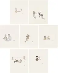 Marcel Dzama, [Seven drawings], 1997, Seven unique ink drawings in colors, on wove paper