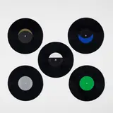 Jack Goldstein, A Suite of Five 10-inch Records with Colored Labels in Place of Titles, 1979, Sound installation of 10 audio recordings on 5 vinyl records (A and B sides), with colored labels, all contained in paper sleeves