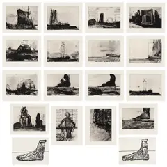 Huma Bhabha, Reconstructions, 2007, The complete set of 18 prints, including 16 photogravures and two woodblock prints, on Hahnemühle and Tosa Hanga papers, the full sheet and with full margins, the sheets loose (as issued), with title page, colophon, and text page by Jorge Luis Borges on Vellum, all contained in the original linen-covered portfolio box with embossed text in green