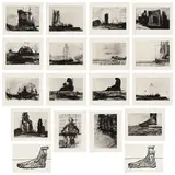 Huma Bhabha, Reconstructions, 2007, The complete set of 18 prints, including 16 photogravures and two woodblock prints, on Hahnemühle and Tosa Hanga papers, the full sheet and with full margins, the sheets loose (as issued), with title page, colophon, and text page by Jorge Luis Borges on Vellum, all contained in the original linen-covered portfolio box with embossed text in green