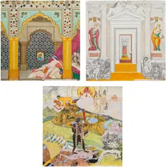 Joyce Kozloff, #7 Inside the Amber Palace (or the Pasha Peeks); #15 Big Boys: Palladio, Veronese, Picasso et. al.; and #27 Last Laconic Lament, from the Patterns of Desire: Pornament is Crime series, 1987-88, Three unique watercolor drawings in colors, on wove paper