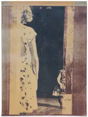 Marilyn Minter, Fun House Mirror #2, 1991, Two unique screenprints in colors, on one sheet of mylar and one sheet of wove paper, attached to a metal sign with rivets, with metal strainer on the reverse (as issued)