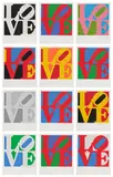 Robert Indiana, The Book of Love, 1996, The complete set of 12 screenprints in colors, on A.N.W. Creswood Museum Edition paper, with full margins, with text by the artist, all loose (as issued), all contained in the original black-lettered cardboard portfolio