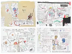 Jean-Michel Basquiat, Wolf Sausage; King Brand; Dog Leg Study; and Undiscovered Genius, 1982-1983/2019, The complete set of four screenprints in colors, on wove paper, the full sheets, with justification, all loose (as issued), all contained in the original dark blue linen-covered portfolio with silver embossed crown