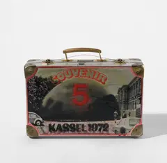 Edward Kienholz, Souvenir from Documenta 5 Kassel, 1972-73, Unique aluminium suitcase multiple, with screenprint in colors, collage, tempera and varnish