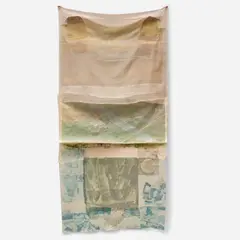 Robert Rauschenberg, Scrape, from Hoarfrost Editions (G. 575), 1974, Offset lithograph transfer in colors, on collage of paper bags, China silk and silk chiffon