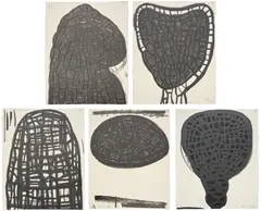 Terry Winters, Primitive Segments (S. 58-63), 1991, The complete set of five screenprints, on Echizen-Kizuki-Hosho paper, the full sheets, the sheets loose (as issued), with title page with screenprint, all contained in the original paper folio