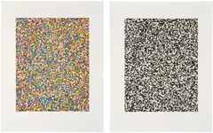 Tauba Auerbach, A Half Times A Half Times A Half (Coarse); and 50 50 Random (Coarse), 2008, Two etching and aquatints, one in colors and one in black, on Somerset paper, with full margins