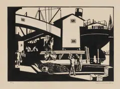 Louis Lozowick, Untitled #2 (Dock Scene), circa 1920-30, Unique black pen and ink drawing, on cardboard