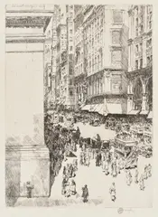 Childe Hassam, Fifth Avenue, Noon (C. 77), 1916, Etching, on wove paper, with full margins