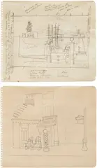 Stuart Davis, Drawing for 'Early American Landscape No. 2'; and Corner View of Barber Shop and Street Sign (B. & R. 306 & 307), circa 1929, Two unique graphite drawings, one with extensive hand annotations, on wove paper, framed