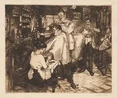 John Sloan, Barber Shop (M. 173), 1915, Etching and aquatint in dark brownish black, on Japanese paper, with full margins