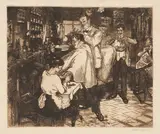 John Sloan, Barber Shop (M. 173), 1915, Etching and aquatint in dark brownish black, on Japanese paper, with full margins