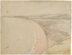 R.A. John Constable, Chesil Beach, Near Weymouth, Dorset, and a slight architectural study (reverse), from The Honeymoon Sketchbook (R. 16.74), 1816, Unique watercolor and pencil drawing, on wove paper, with a slight pencil sketch on the reverse, framed