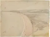 R.A. John Constable, Chesil Beach, Near Weymouth, Dorset, and a slight architectural study (reverse), from The Honeymoon Sketchbook (R. 16.74), 1816, Unique watercolor and pencil drawing, on wove paper, with a slight pencil sketch on the reverse, framed
