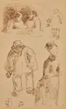 Camille Pissarro, Feuille d'etudes (Study Sheet), circa 1880-1900, Unique pen and ink drawing, on buff paper