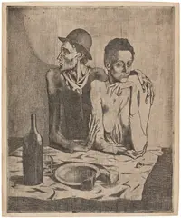 Pablo Picasso, Le repas frugal (The Frugal Meal), plate 1 from La Suite des Saltimbanques (Bl. 1, Ba. 2), 1904, Etching with drypoint, on Van Gelder paper, with small margins, backed with a wove paper support