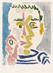 Pablo Picasso, Fumeur à la cigarette blanche (Smoker with a White Cigarette) (Bl. 1169, Ba. 1169), 1964, Etching and aquatint in colors, on Richard de Bas laid paper, with margins