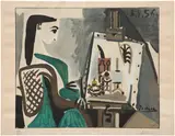 Pablo Picasso, Jacqueline à l'Atelier (Jacqueline at the Easel), 1956, Lithograph with pochoir in colors, on Arches paper, with margins, the sheet edges folded, see condition report