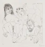 Pablo Picasso, Couple aux champs, avec un putto couronné de fleurs (Couple in the Fields, with a Cherub Crowned with Flowers), plate 217 from Série 347 (Bl. 1697, Ba. 1713), 1968, Etching, on Rives paper, with full margins