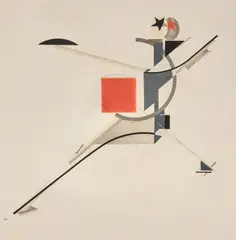 El Lissitzky, Neuer, plate 10 from Figurinen, die Plastische Gestaltung der Elektro-Mechanischen Schau 'Sieg über die Sonne' (New Man, plate 10 from Figurines, The Three-Dimensional Design of the Electro-Mechanical Show 'Victory over the Sun') (L.-K. 64, E. 70), 1920-21, Lithograph in colors, on machine-made wove paper, with full margins
