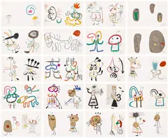 Joan Miró, L'Enfance d'Ubu (Ubu's Childhood) (M. 998-1021, C. bks 204), 1975, The complete set of 20 signed lithographs, 4 unsigned lithographs in colors and 16 additional lithographs, on Arches paper, with full margins, with justification page, all contained in the original beige linen-covered clamshell portfolio with one of the unsigned lithographs mounted to the front (as issued)