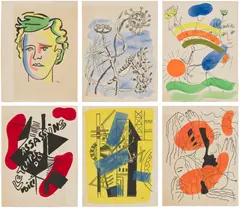 Fernand Léger, Les Illuminations (The Illuminations) (S. 24-38), 1945, The complete set of 15 lithographs, 6 with pochoir in watercolor, on Lana paper, the full sheets and with full margins, with title page, text in French by Arthur Rimbaud, justification and table of contents, all folded (as issued), all contained in the original folio and slipcase
