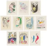 Marc Chagall, De Mauvais sujets (Bad Subjects) (C. bks 35), 1958, The complete set of 10 etching and aquatints in colors, on Arches paper, with full margins, with title page, text in French by Jean Paulhan, justification, all folded and loose (as issued), all contained in the original paper-covered boards and slipcase
