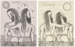 Carroll Dunham, Untitled; and Untitled, 2017, Two unique pencil drawings, on light pink and light yellow papers