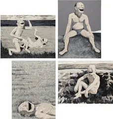 Yue Minjun, Two Men in Field; Sitting Man Laughing; Lying Head Laughing; and Man Sitting on Mound, from The Grassland Series, 2008, Four serigraph and woodcuts, on wove paper, the full sheets