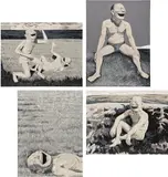 Yue Minjun, Two Men in Field; Sitting Man Laughing; Lying Head Laughing; and Man Sitting on Mound, from The Grassland Series, 2008, Four serigraph and woodcuts, on wove paper, the full sheets