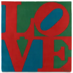 Robert Indiana, Classic Love, 1995, Monumental skein dyed, hand carved and hand tufted archival New Zealand woolen rug, with natural latex backing