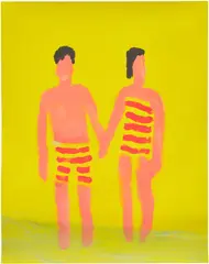 Katherine Bradford, Couple Yellow Beach, 2018, Archival pigment print in colors with hand-coloring in red acrylic, on wove paper, the full sheet