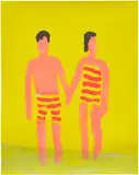 Katherine Bradford, Couple Yellow Beach, 2018, Archival pigment print in colors with hand-coloring in red acrylic, on wove paper, the full sheet
